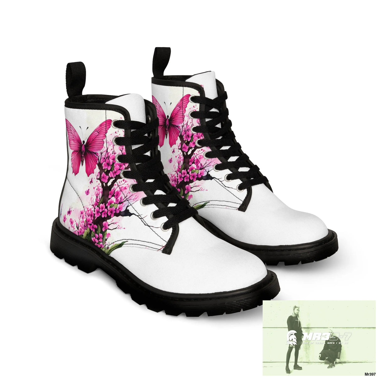 PINK BUTTERFLY ON ORNAMENTAL CHERRY TREE Women’s Canvas Boots Shoes