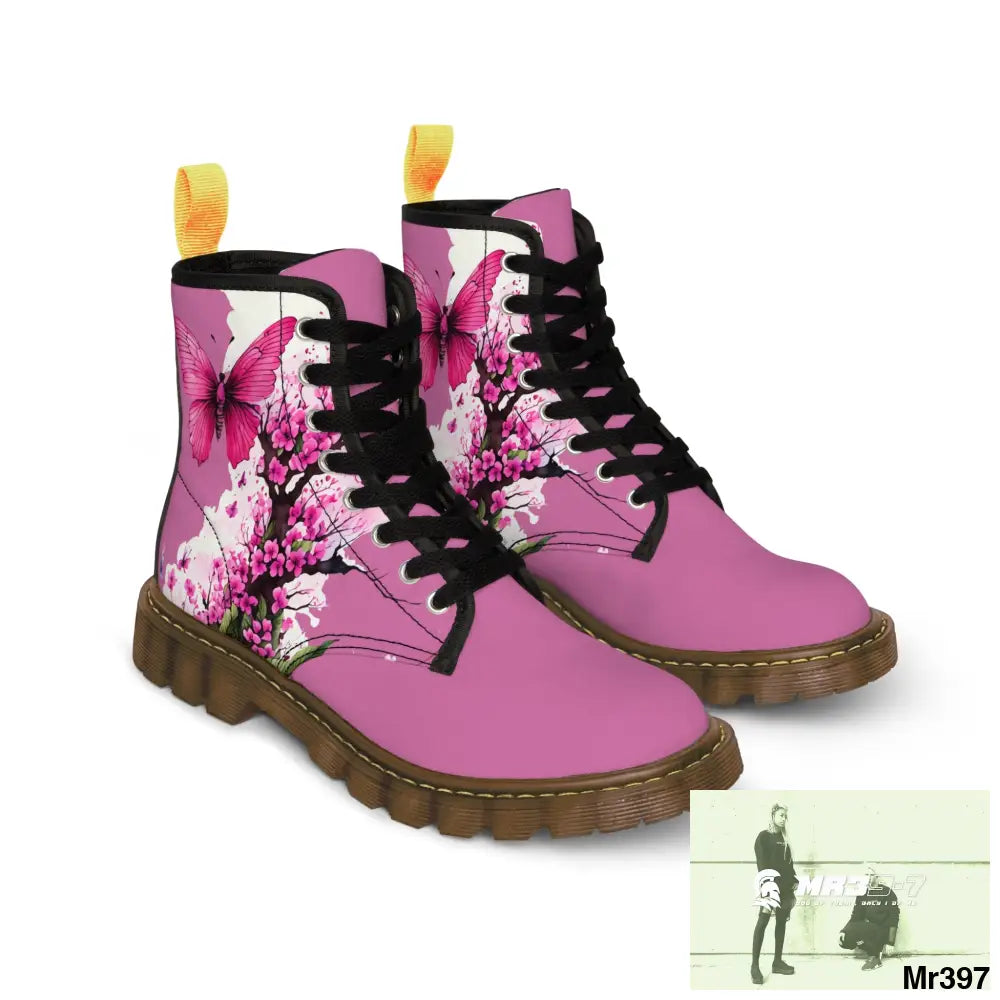 PINK BUTTERFLY ON ORNAMENTAL CHERRY TREE Women’s Canvas Boots Shoes