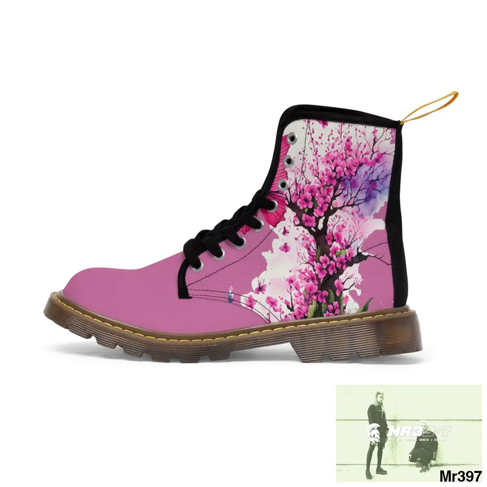 PINK BUTTERFLY ON ORNAMENTAL CHERRY TREE Women’s Canvas Boots Shoes