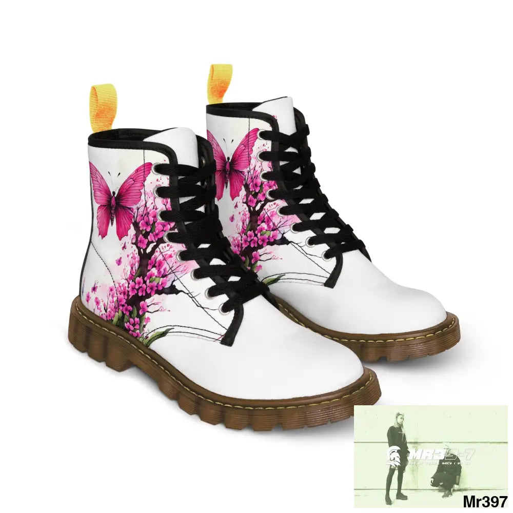 PINK BUTTERFLY ON ORNAMENTAL CHERRY TREE Women’s Canvas Boots Shoes