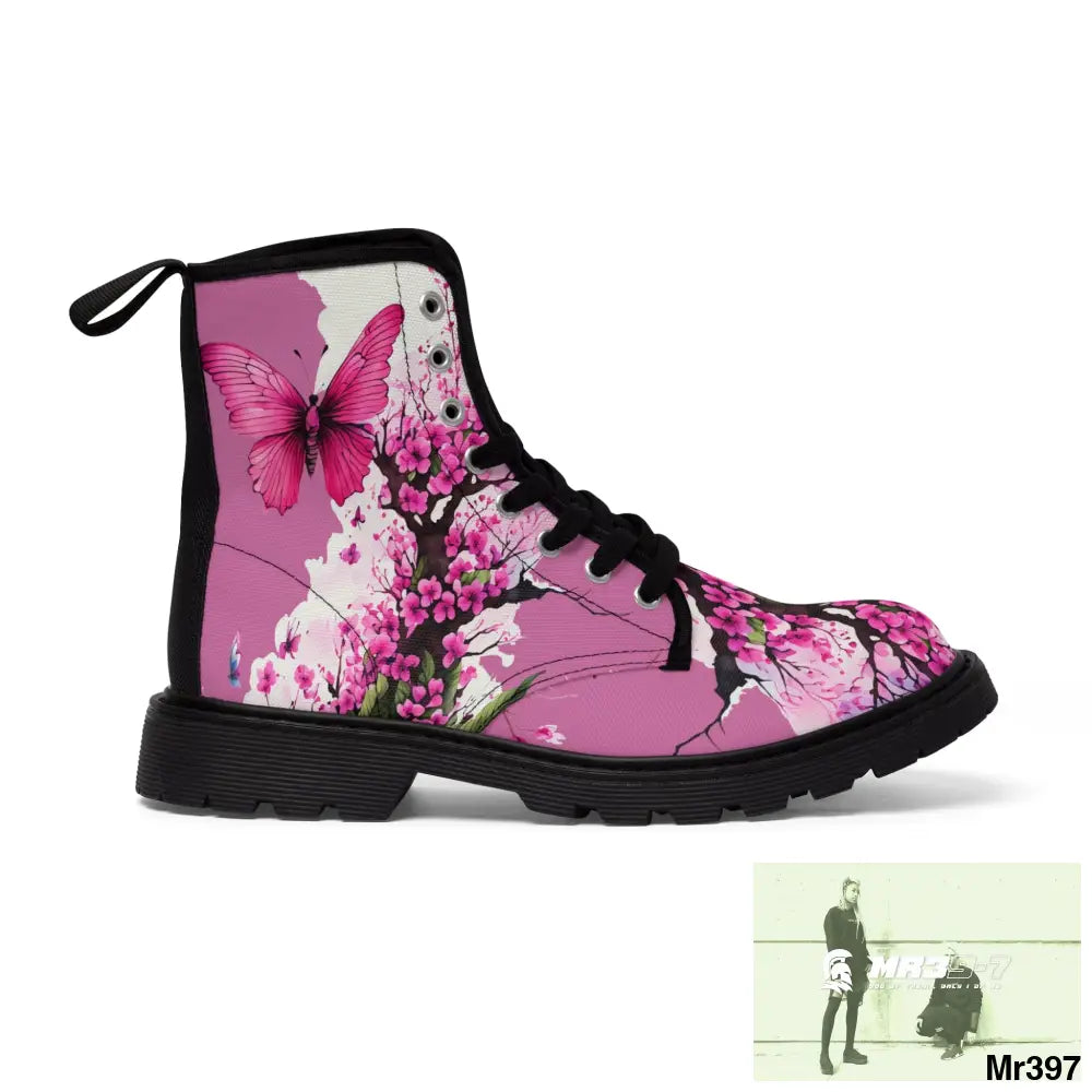 PINK BUTTERFLY ON ORNAMENTAL CHERRY TREE Women’s Canvas Boots Shoes