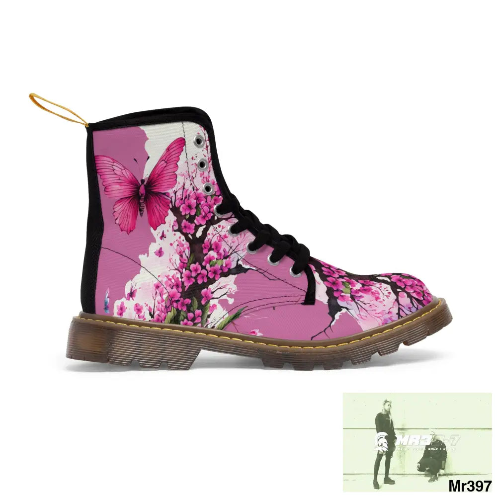 PINK BUTTERFLY ON ORNAMENTAL CHERRY TREE Women’s Canvas Boots Shoes