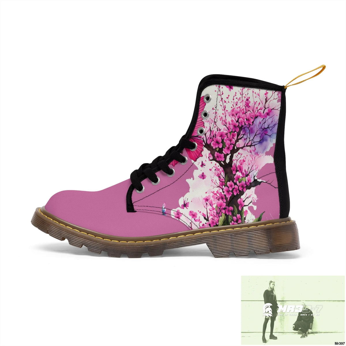 PINK BUTTERFLY ON ORNAMENTAL CHERRY TREE Women’s Canvas Boots Shoes
