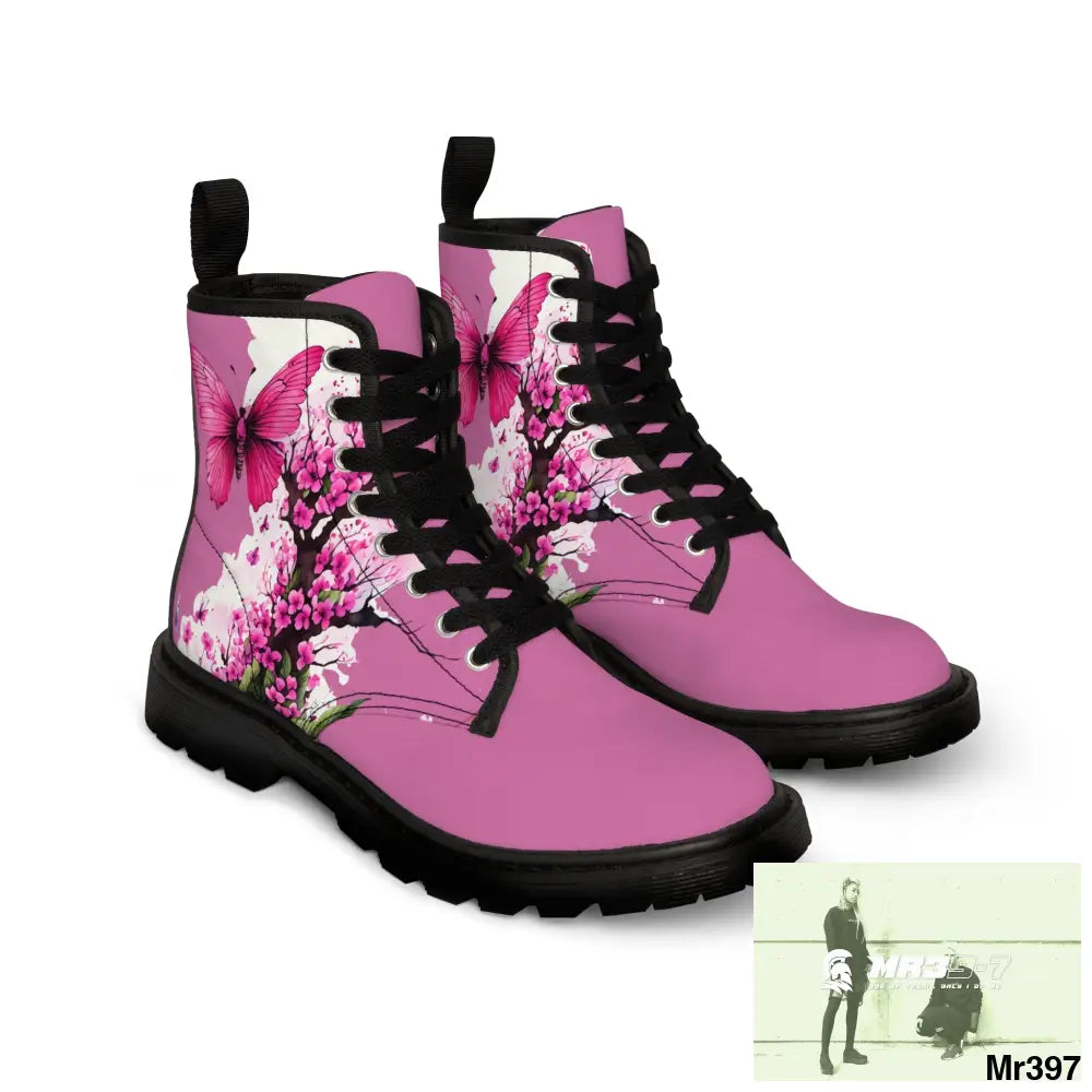 PINK BUTTERFLY ON ORNAMENTAL CHERRY TREE Women’s Canvas Boots Shoes