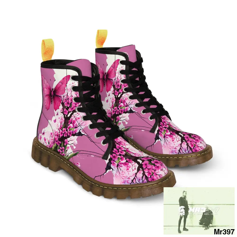 PINK BUTTERFLY ON ORNAMENTAL CHERRY TREE Women’s Canvas Boots Shoes