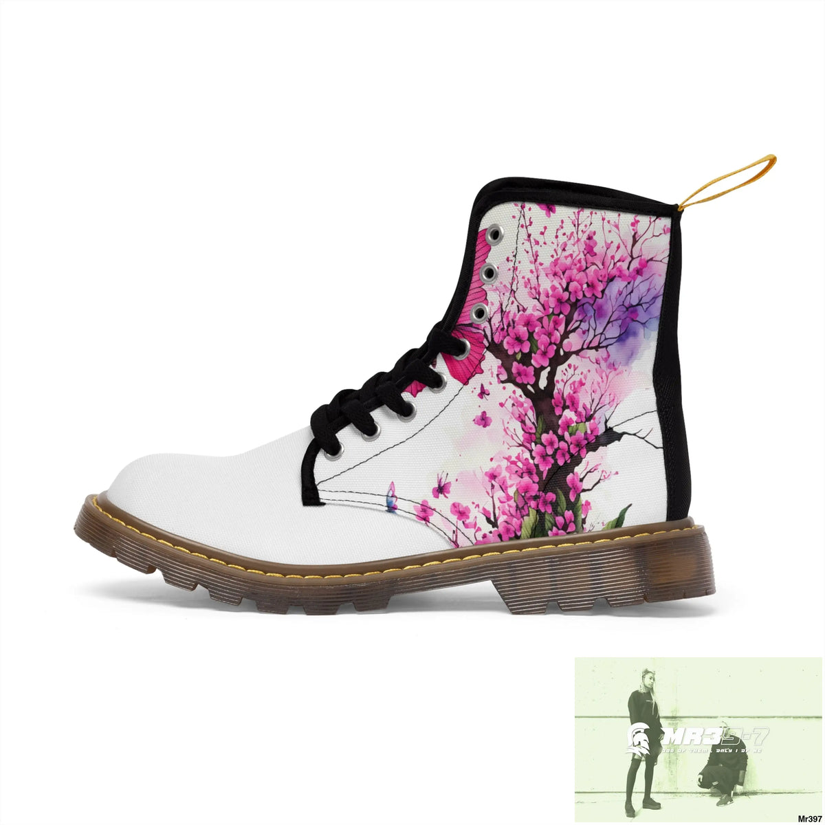 PINK BUTTERFLY ON ORNAMENTAL CHERRY TREE Women’s Canvas Boots Shoes