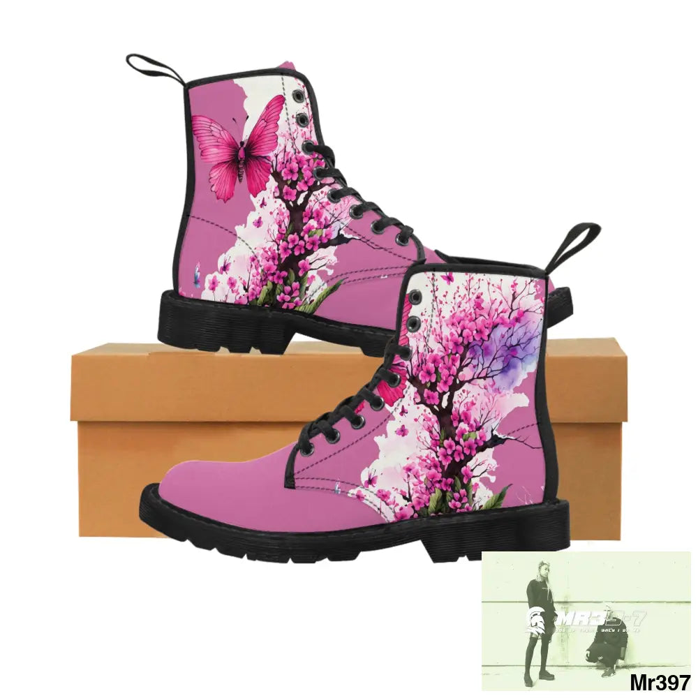 PINK BUTTERFLY ON ORNAMENTAL CHERRY TREE Women’s Canvas Boots US 6.5 / Black sole Shoes