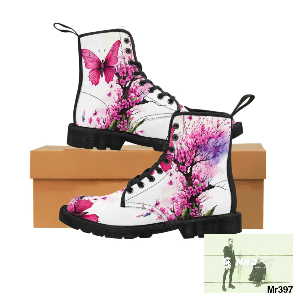 PINK BUTTERFLY ON ORNAMENTAL CHERRY TREE Women’s Canvas Boots US 6.5 / Black sole Shoes