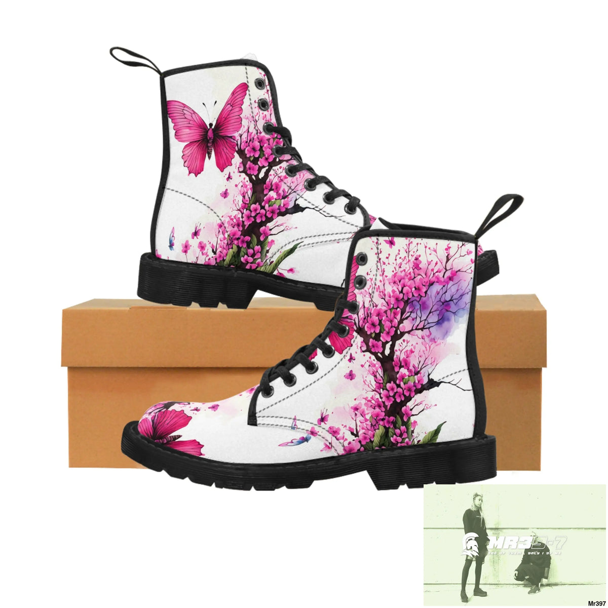 PINK BUTTERFLY ON ORNAMENTAL CHERRY TREE Women’s Canvas Boots US 6.5 / Black sole Shoes