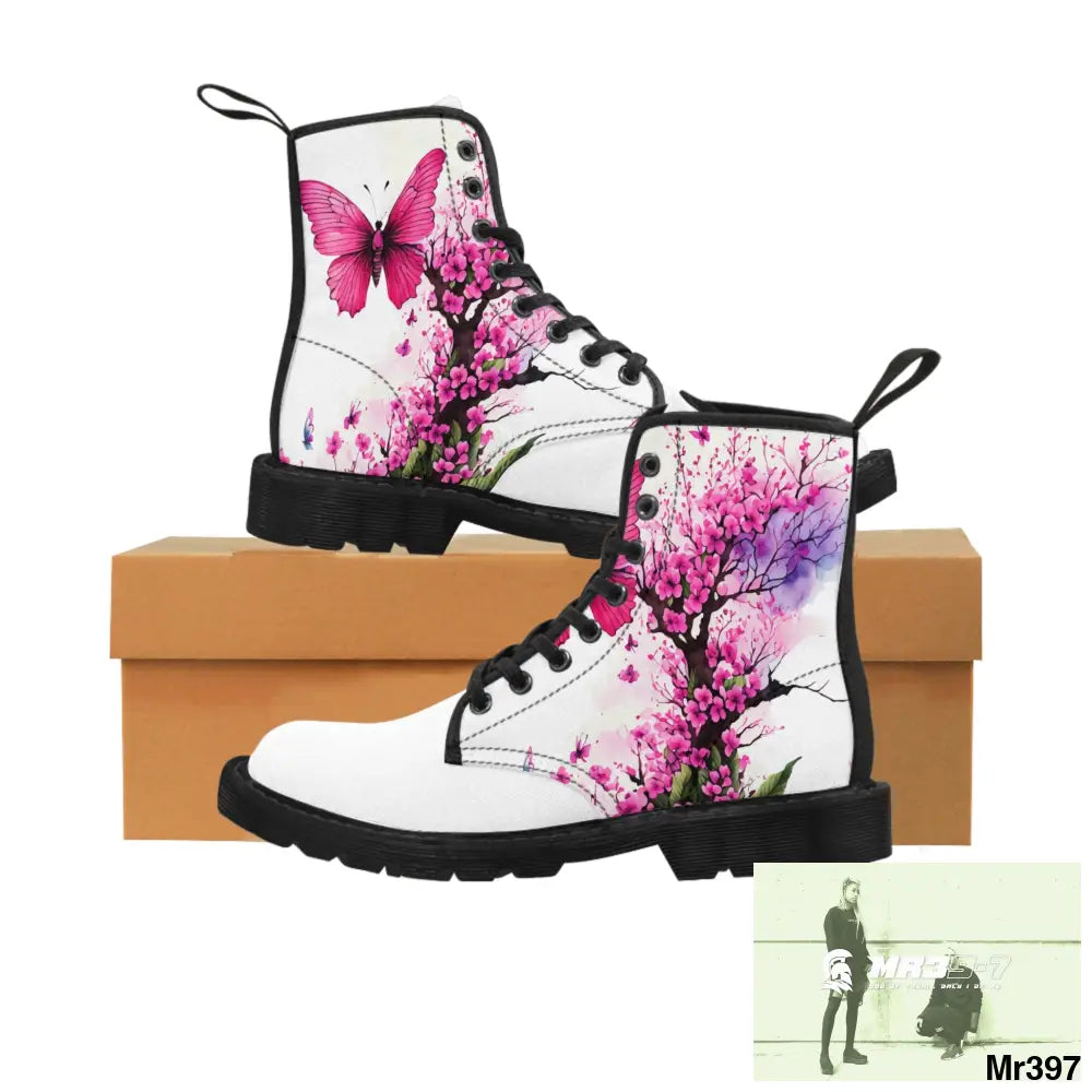 PINK BUTTERFLY ON ORNAMENTAL CHERRY TREE Women’s Canvas Boots US 6.5 / Black sole Shoes