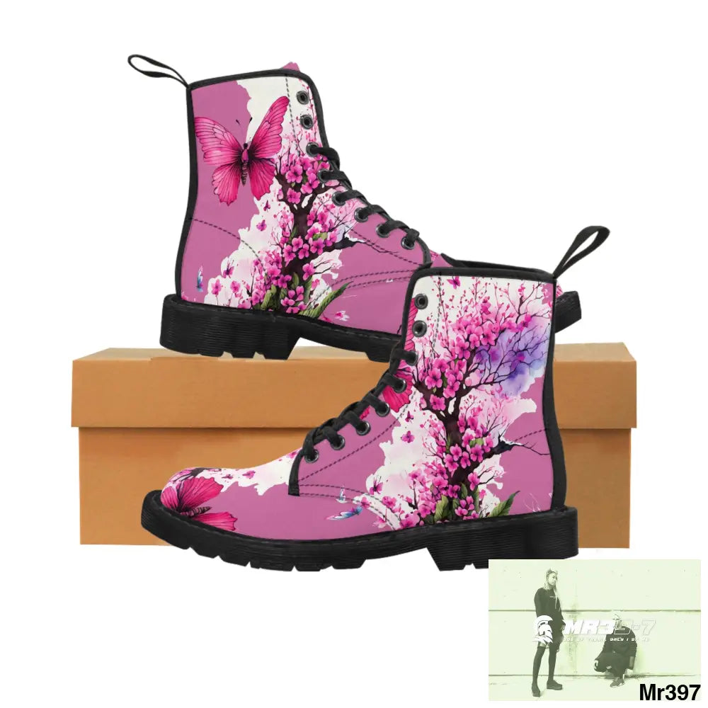 PINK BUTTERFLY ON ORNAMENTAL CHERRY TREE Women’s Canvas Boots US 6.5 / Black sole Shoes