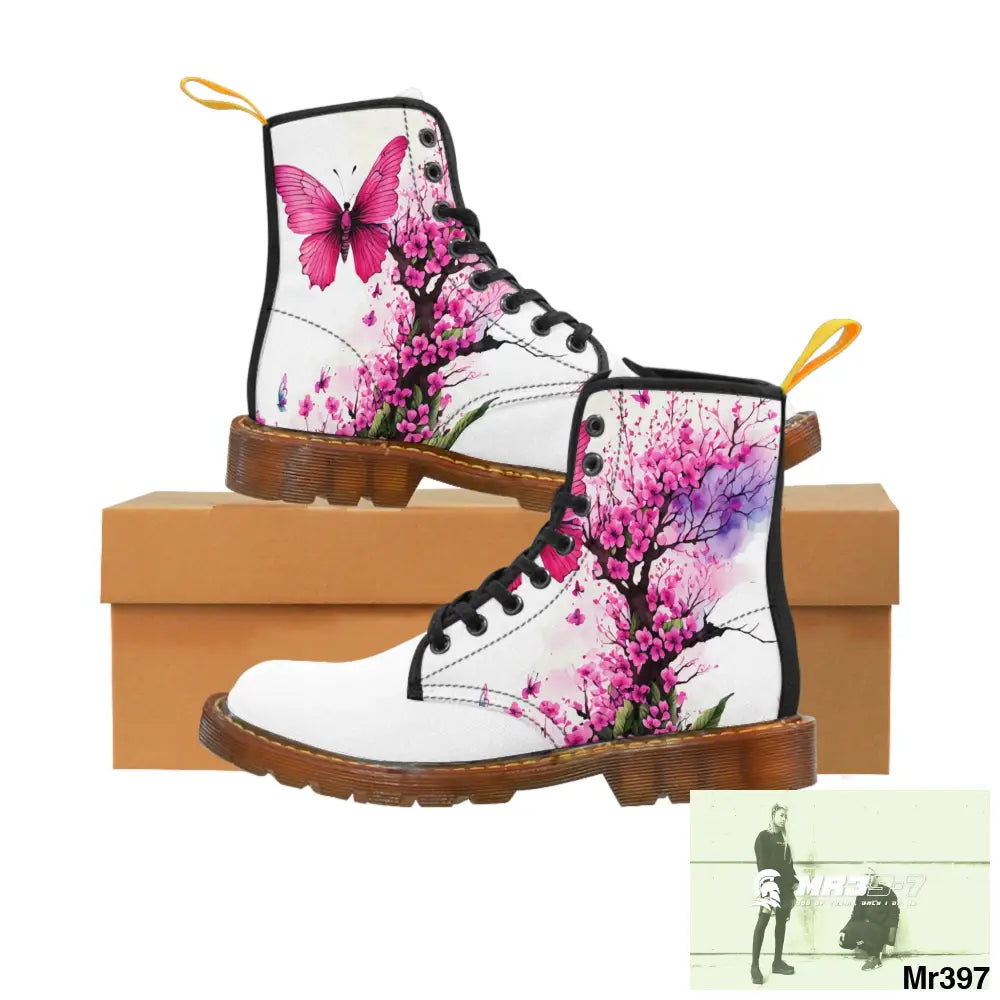 PINK BUTTERFLY ON ORNAMENTAL CHERRY TREE Women’s Canvas Boots US 6.5 / Brown sole Shoes