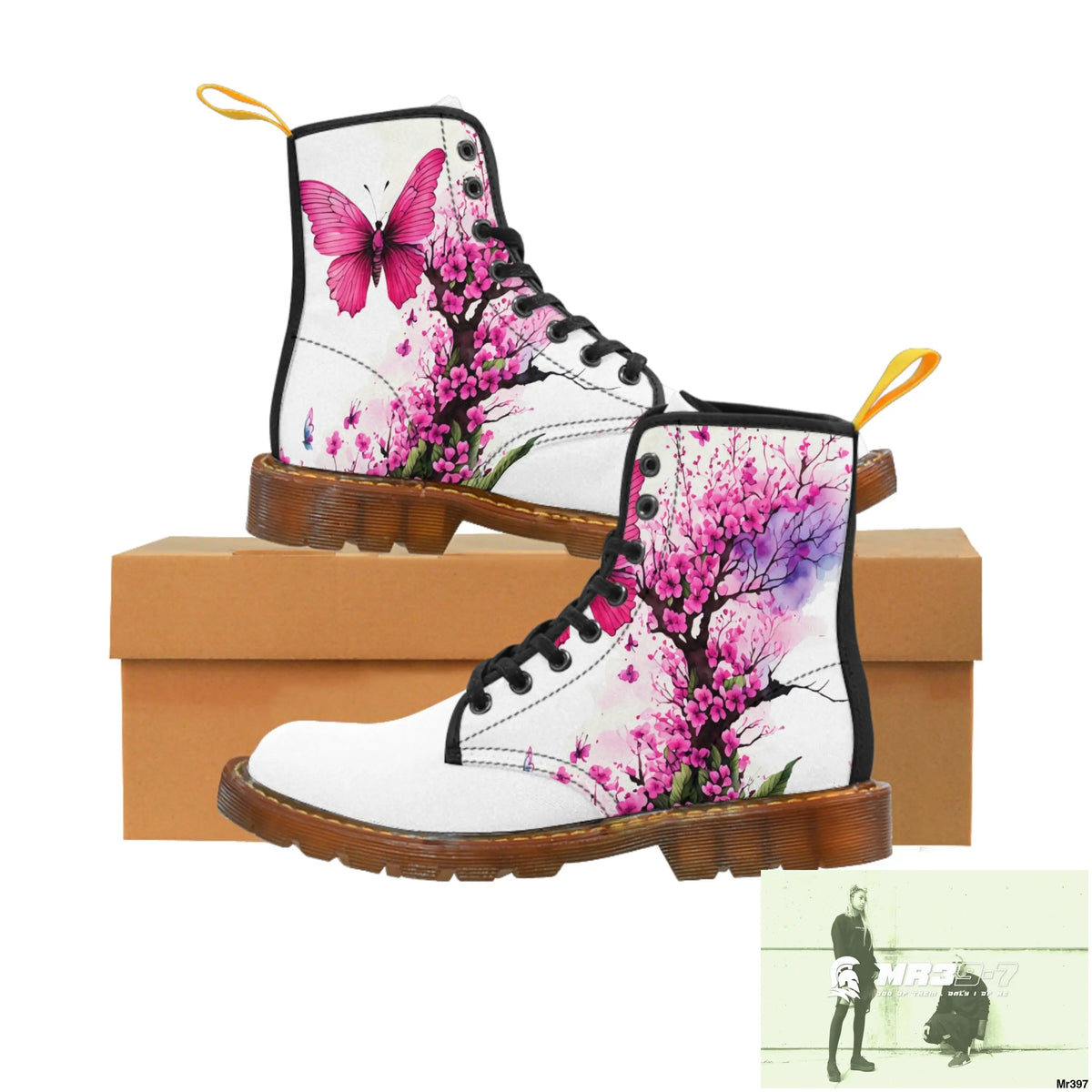 PINK BUTTERFLY ON ORNAMENTAL CHERRY TREE Women’s Canvas Boots US 6.5 / Brown sole Shoes