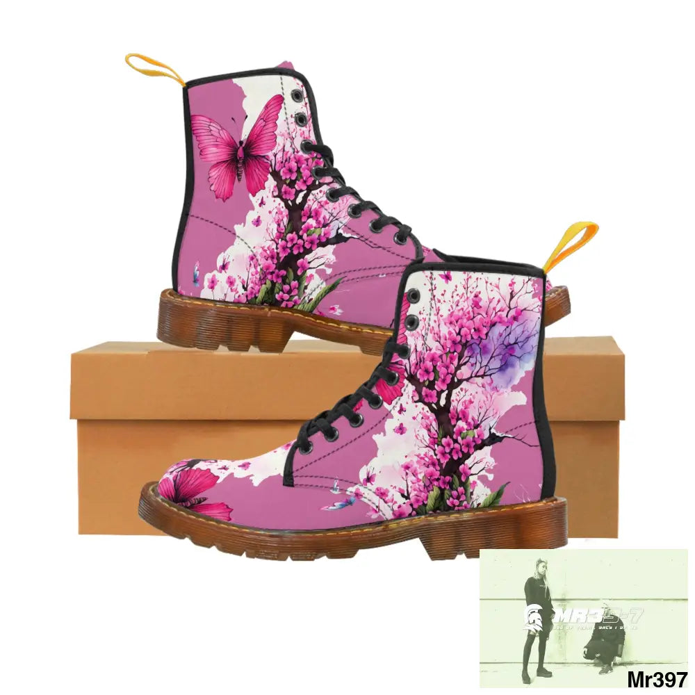 PINK BUTTERFLY ON ORNAMENTAL CHERRY TREE Women’s Canvas Boots US 6.5 / Brown sole Shoes