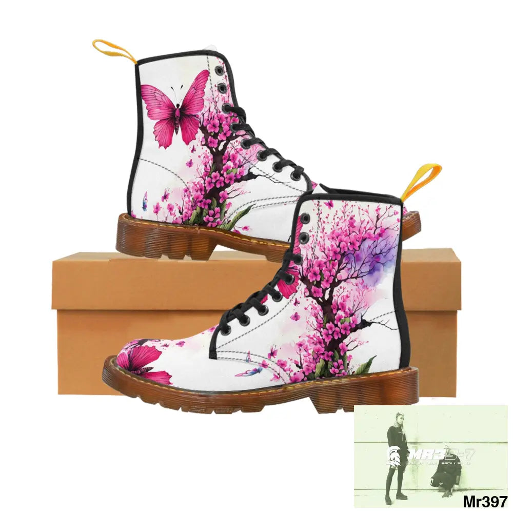 PINK BUTTERFLY ON ORNAMENTAL CHERRY TREE Women’s Canvas Boots US 6.5 / Brown sole Shoes