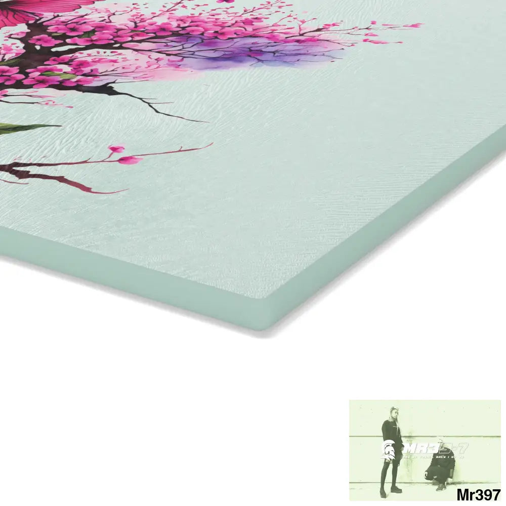Pink Butterfly on Ornemental cherry tree branch Cutting Board Home Decor