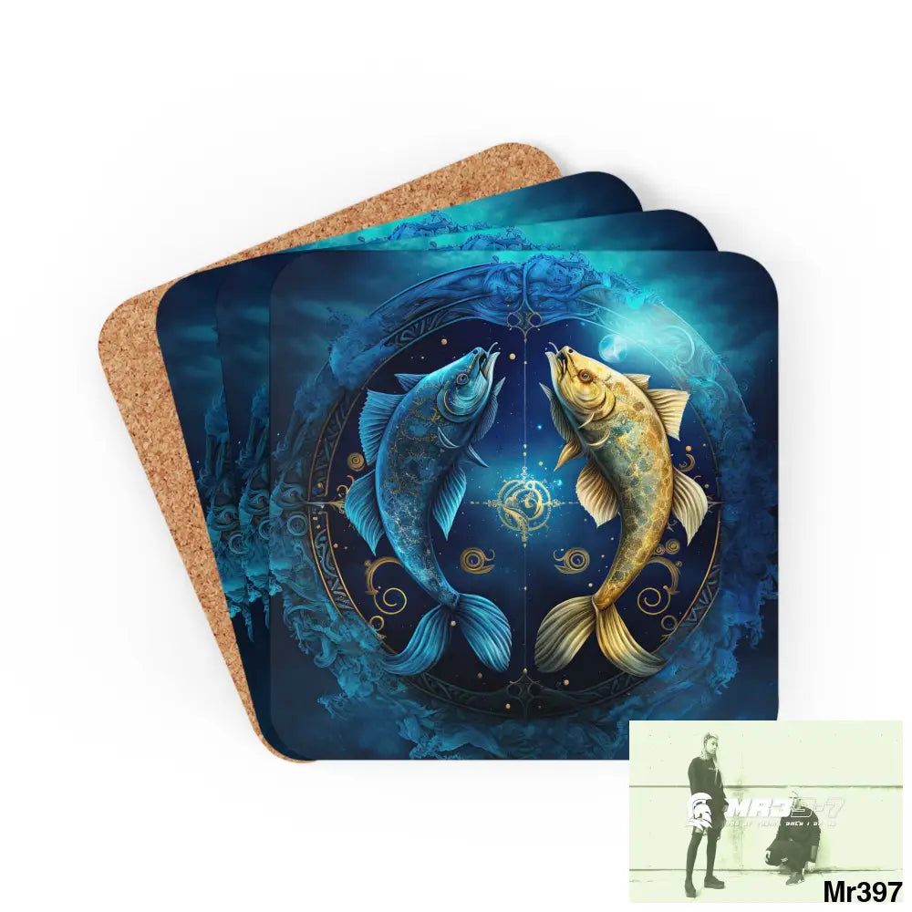 Pisces Zodiac Coaster Set Cork / 3.75’’ × 3.75’’ / Square Home Decor