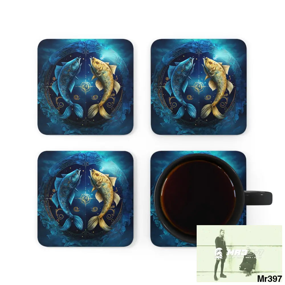 Pisces Zodiac Coaster Set Cork / 3.75’’ × 3.75’’ / Square Home Decor