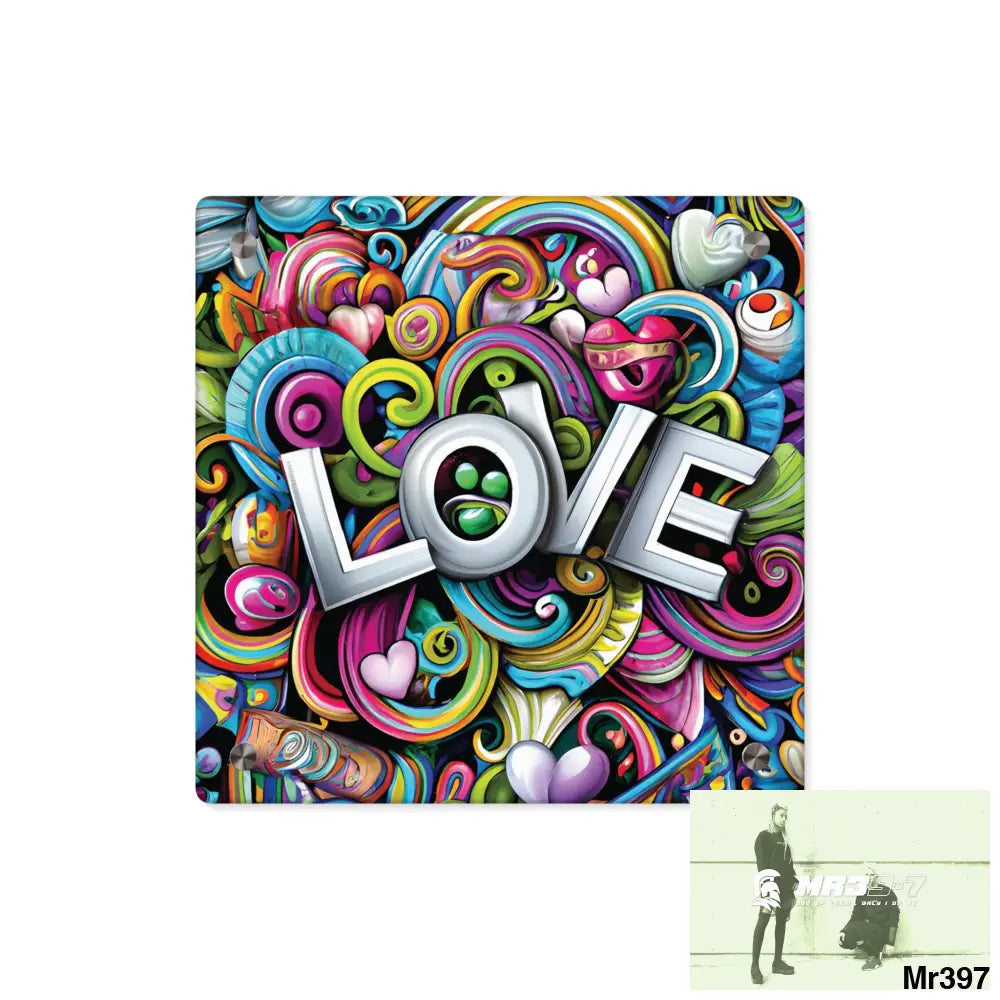 Rainbow LOVE Graphic Stained Glass Doodle Art Acrylic Wall Art Panels 11’’ x 11’’ (Square) / 0.25’’ Home Decor