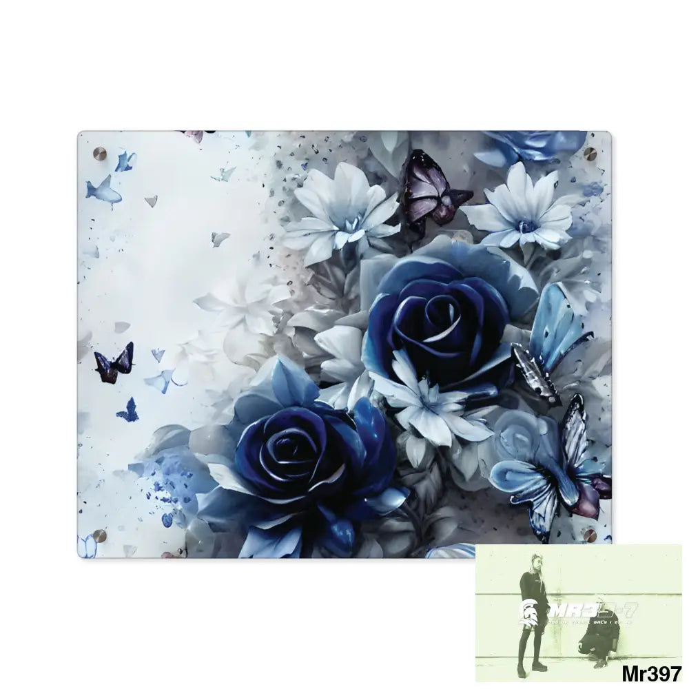 Raymond Swanland Floral Pattern in Navy Blue and Pale White Acrylic Wall Art Panels 20″ x 16″ (Horizontal) / 0.25’’