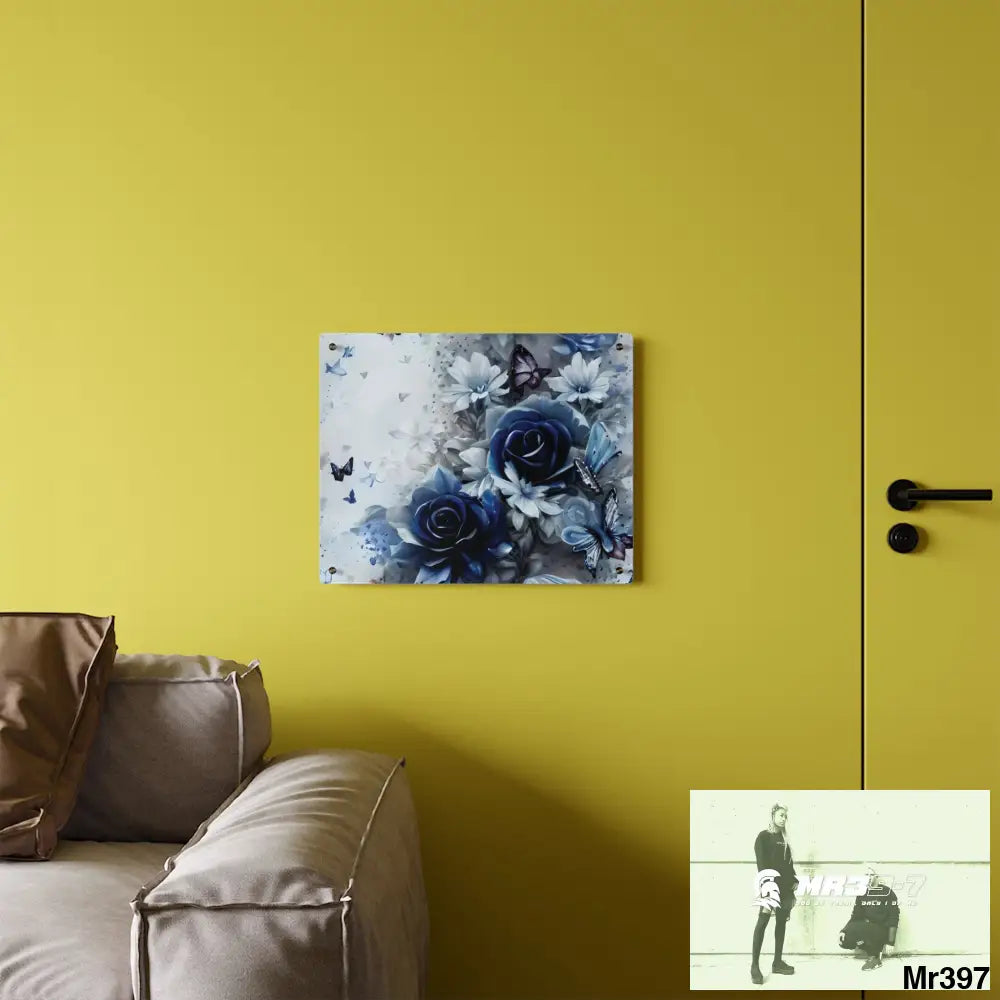 Raymond Swanland Floral Pattern in Navy Blue and Pale White Acrylic Wall Art Panels Home Decor