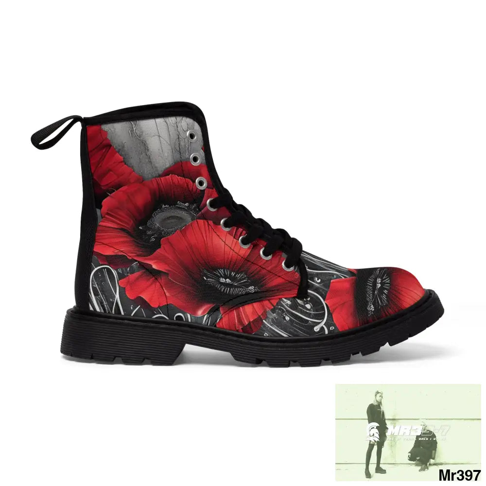 Red Chrome Black Ink Flow 3D Poppies Canvas Boots AOP Shoes
