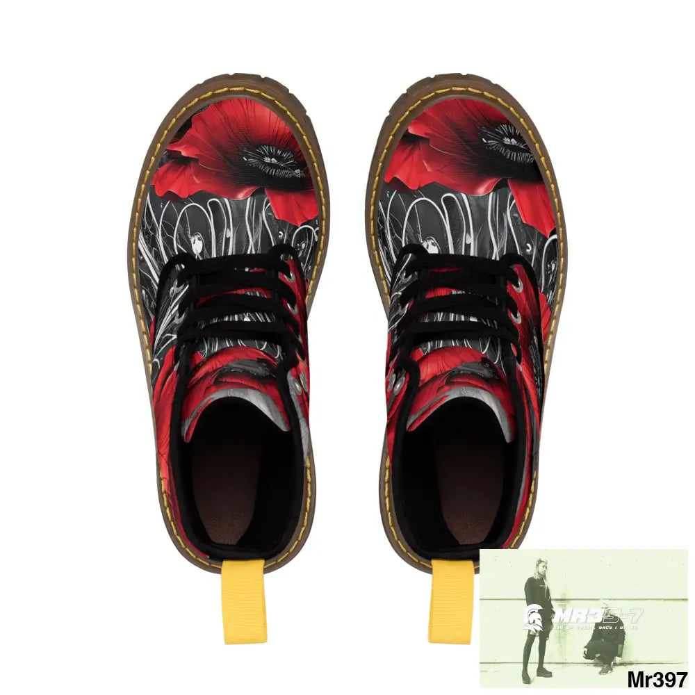 Red Chrome Black Ink Flow 3D Poppies Canvas Boots AOP Shoes