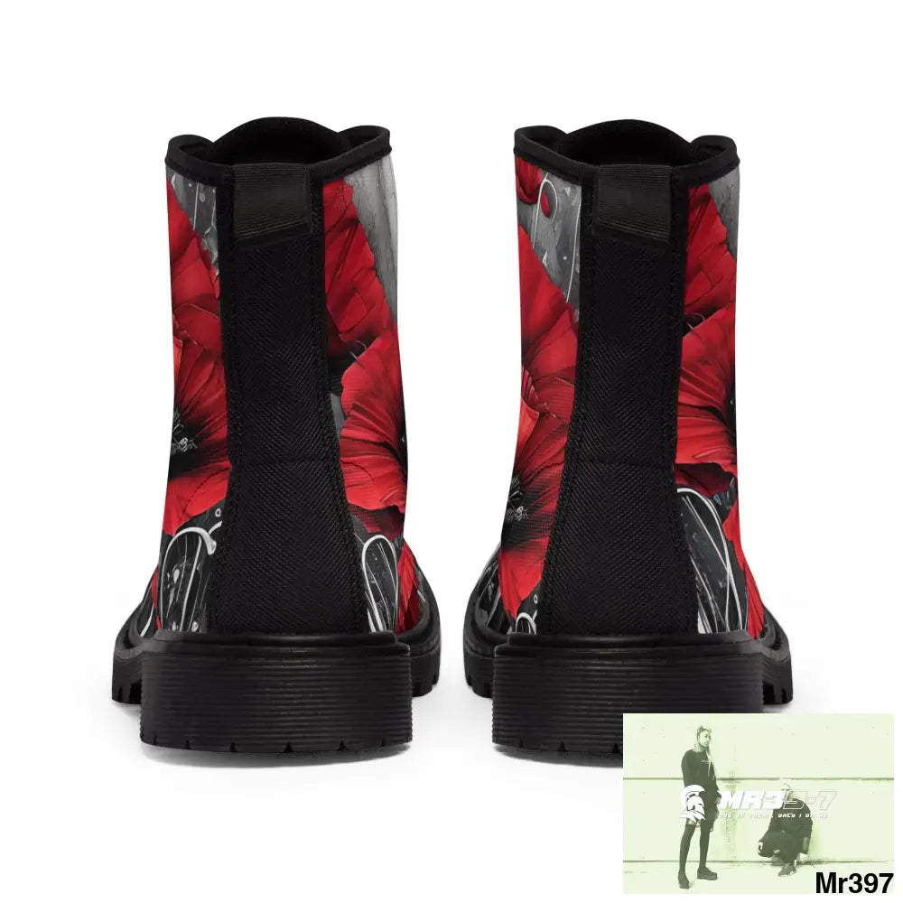Red Chrome Black Ink Flow 3D Poppies Canvas Boots AOP Shoes
