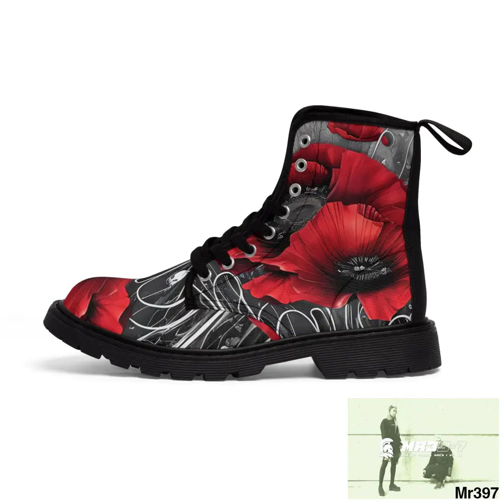 Red Chrome Black Ink Flow 3D Poppies Canvas Boots AOP Shoes