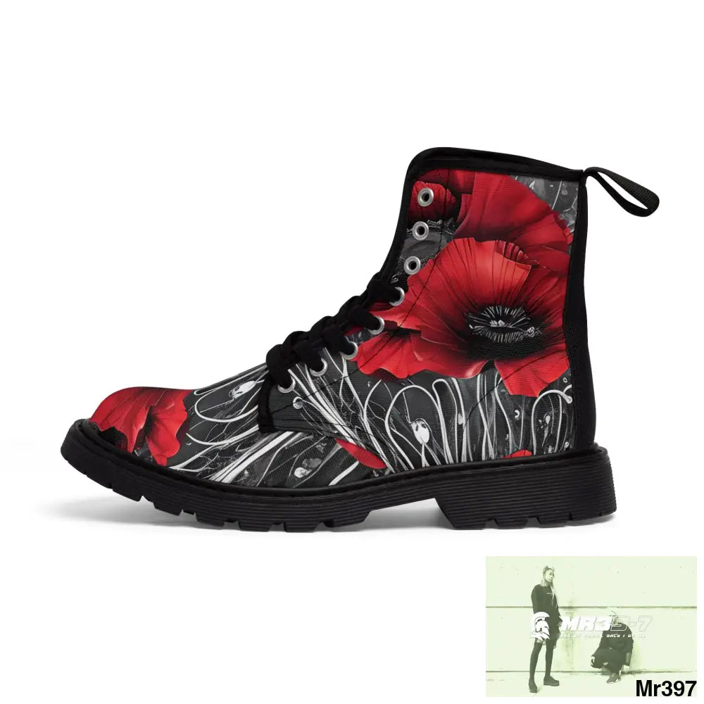 Red Chrome Black Ink Flow 3D Poppies Canvas Boots AOP Shoes