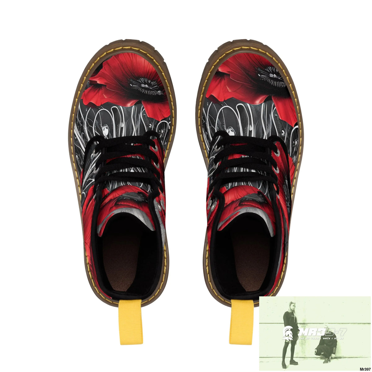 Red Chrome Black Ink Flow 3D Poppies Canvas Boots AOP Shoes