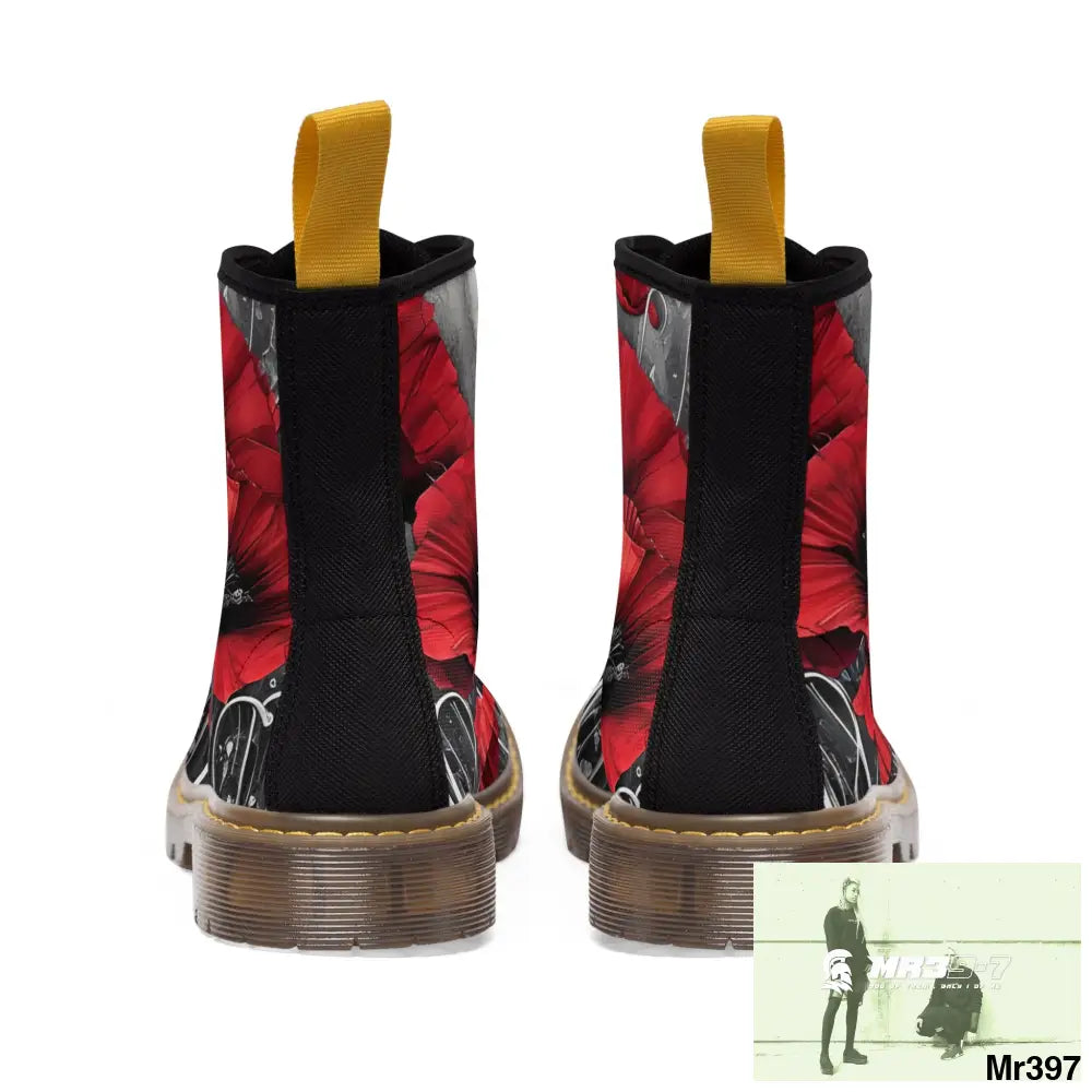 Red Chrome Black Ink Flow 3D Poppies Canvas Boots AOP Shoes