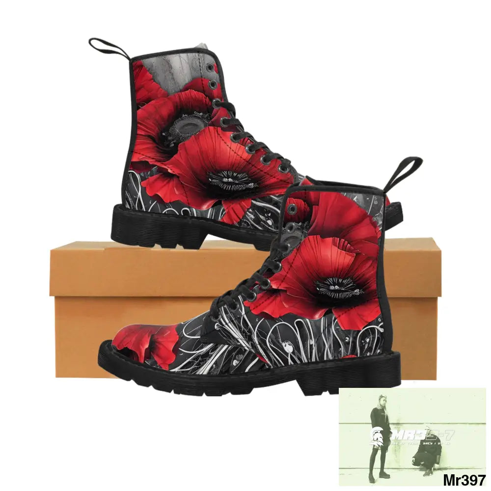 Red Chrome Black Ink Flow 3D Poppies Canvas Boots AOP Shoes