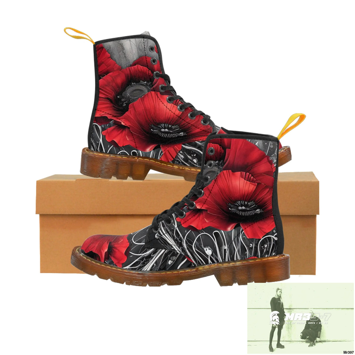 Red Chrome Black Ink Flow 3D Poppies Canvas Boots AOP Shoes