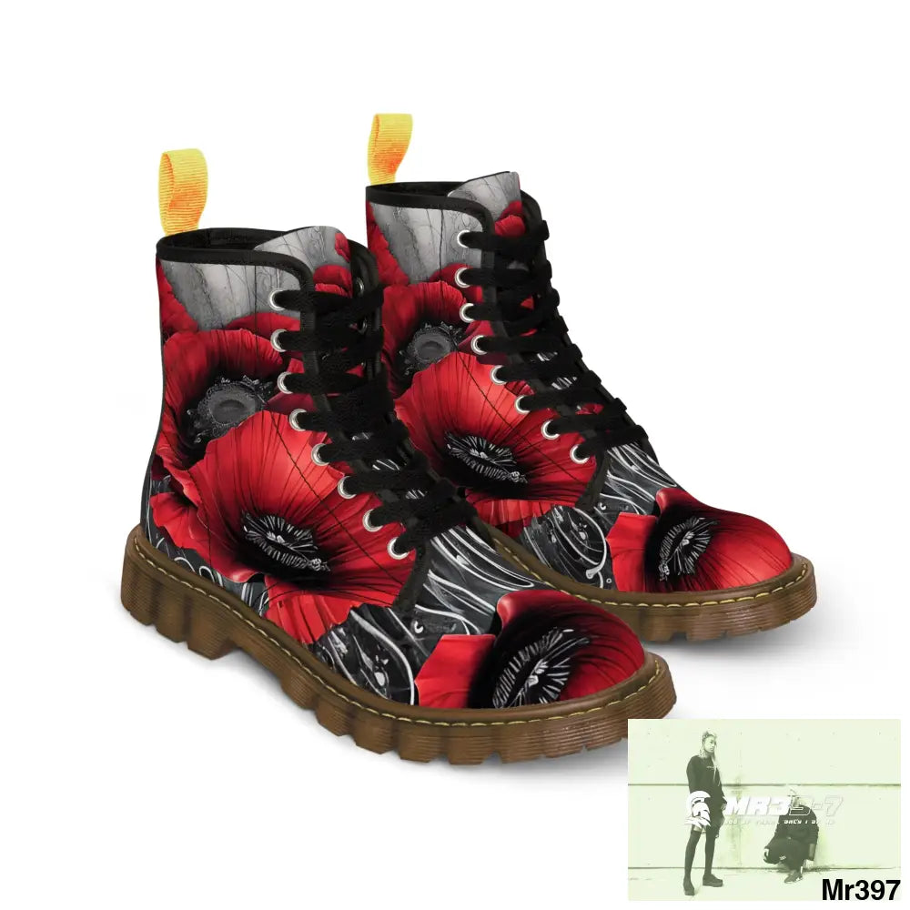 Red Chrome Black Ink Flow 3D Poppies Canvas Boots AOP US 7 / Brown sole Shoes