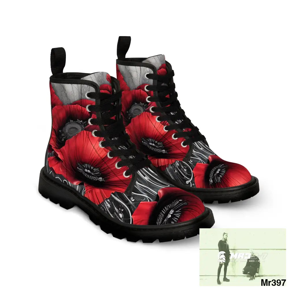 Red Chrome Black Ink Flow 3D Poppies Canvas Boots AOP US 7 / Black sole Shoes