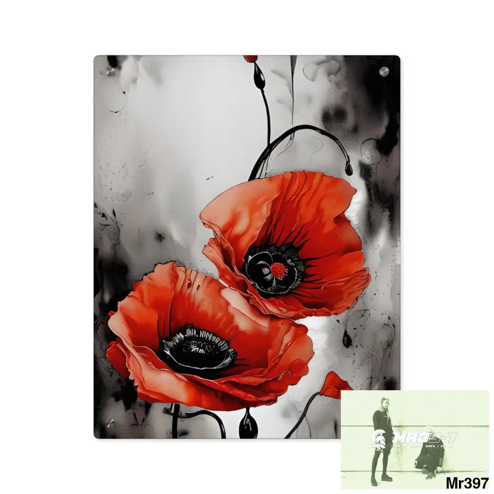 Red Chrome Black Ink Flow Poppies 3D Floral 8k Resolution Acrylic Wall Art Panels 16″ x 20″ (Vertical) / 0.25’’ Home