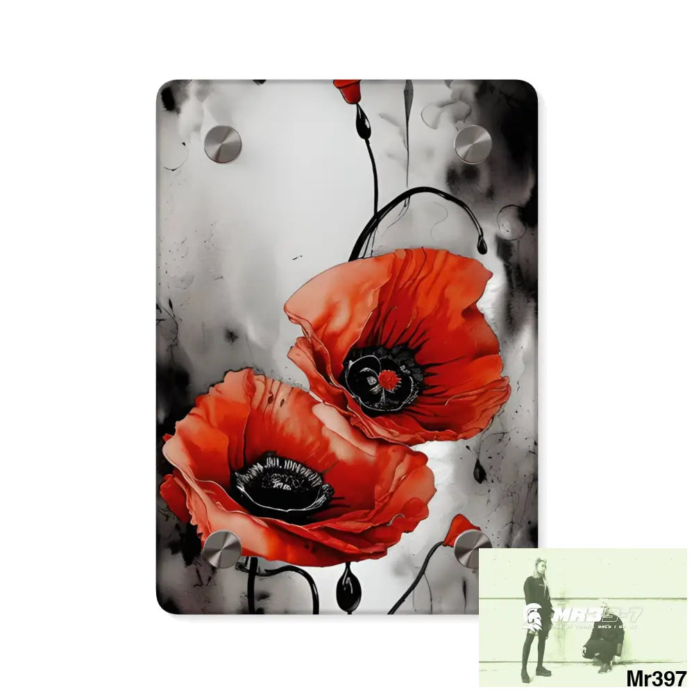 Red Chrome Black Ink Flow Poppies 3D Floral 8k Resolution Acrylic Wall Art Panels 5’’ x 7’’ (Vertical) / 0.25’’ Home