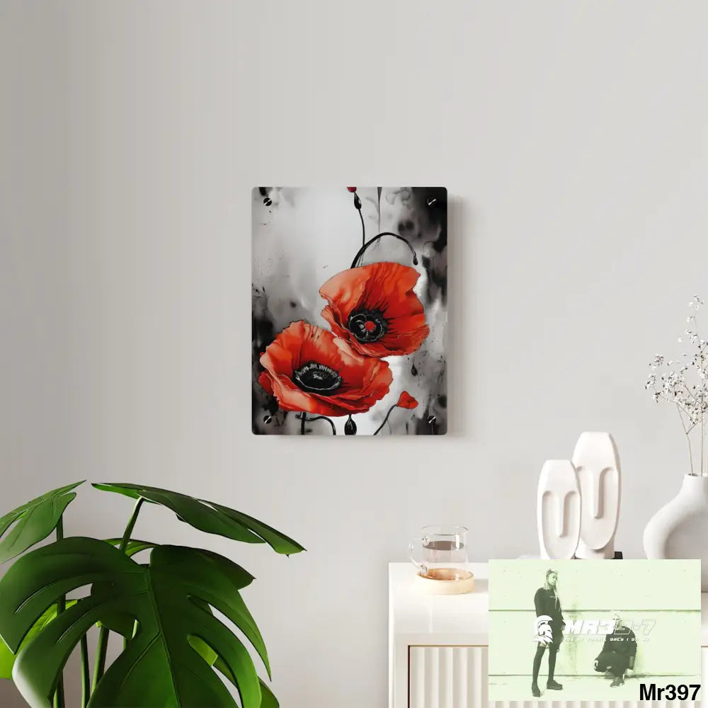 Red Chrome Black Ink Flow Poppies 3D Floral 8k Resolution Acrylic Wall Art Panels Home Decor