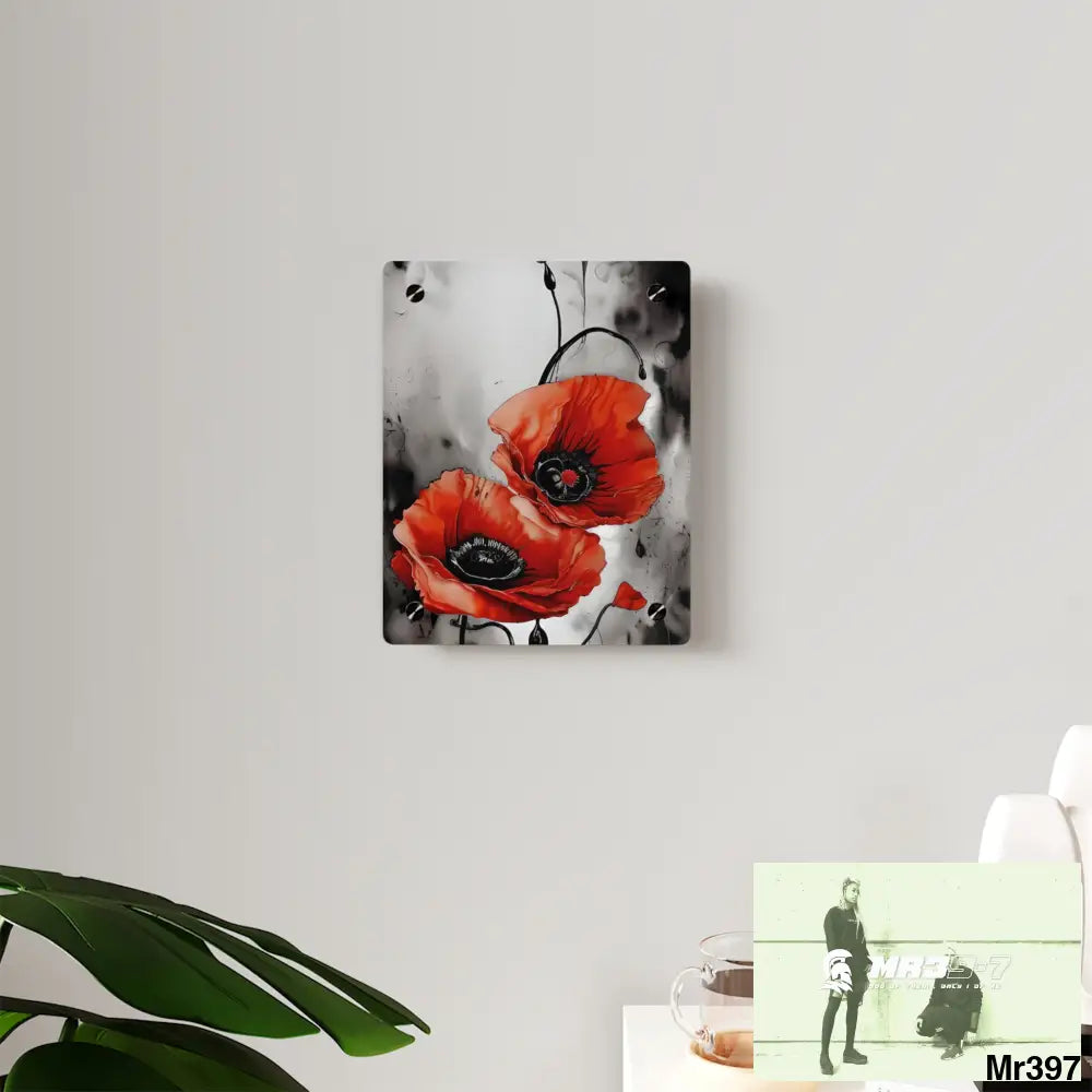 Red Chrome Black Ink Flow Poppies 3D Floral 8k Resolution Acrylic Wall Art Panels Home Decor