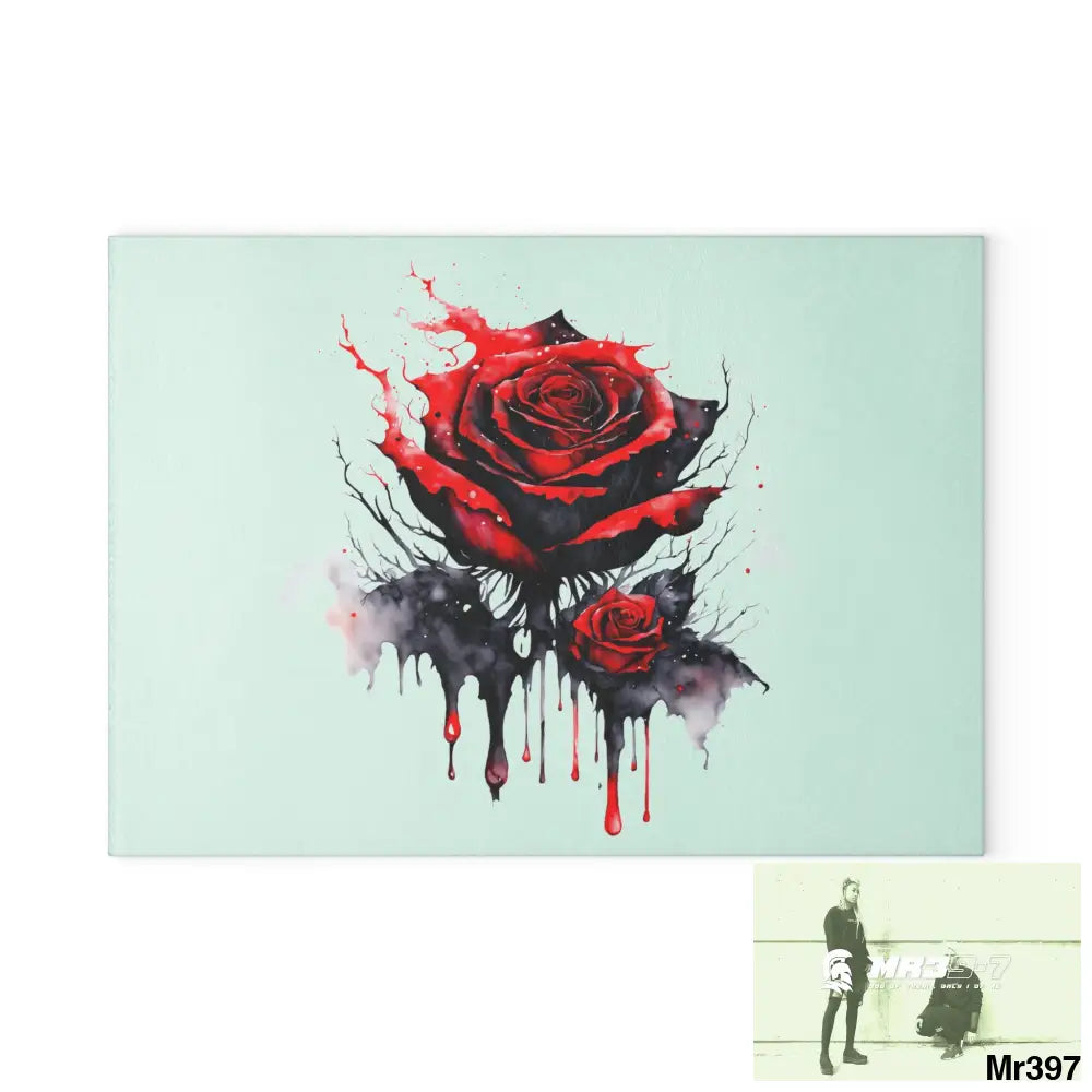 Red Rose with blood drippings on black abstract background Cutting Board 8’’ x 11’’ / Rectangle Home Decor