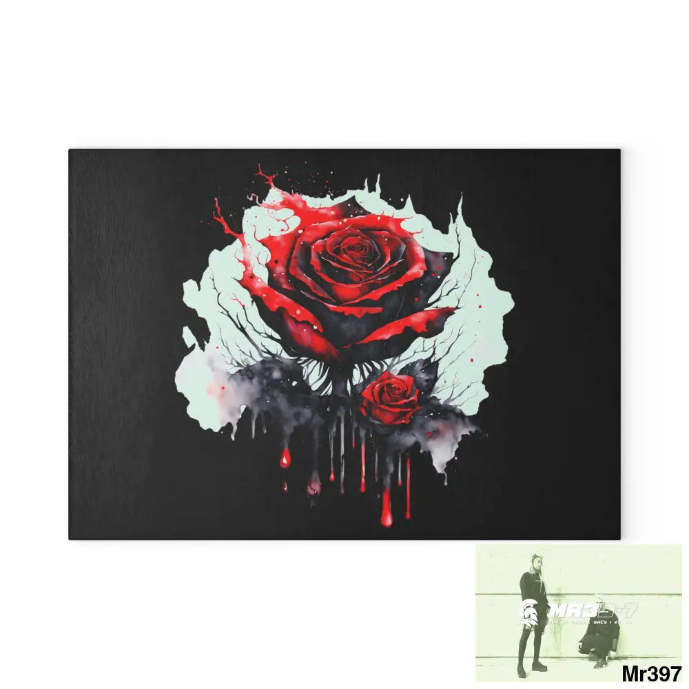 Red Rose with blood drippings on black abstract background Cutting Board 8’’ x 11’’ / Rectangle Home Decor