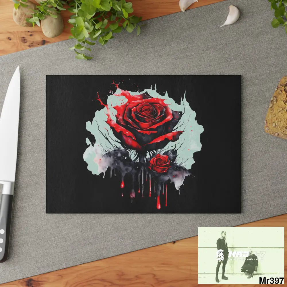 Red Rose with blood drippings on black abstract background Cutting Board Home Decor