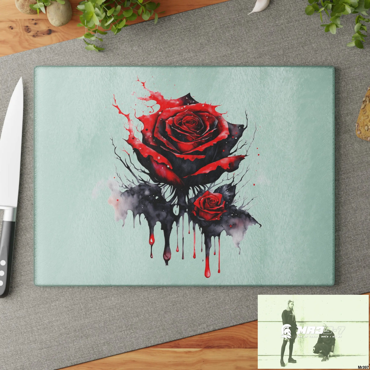 Red Rose with blood drippings on black abstract background Cutting Board Home Decor