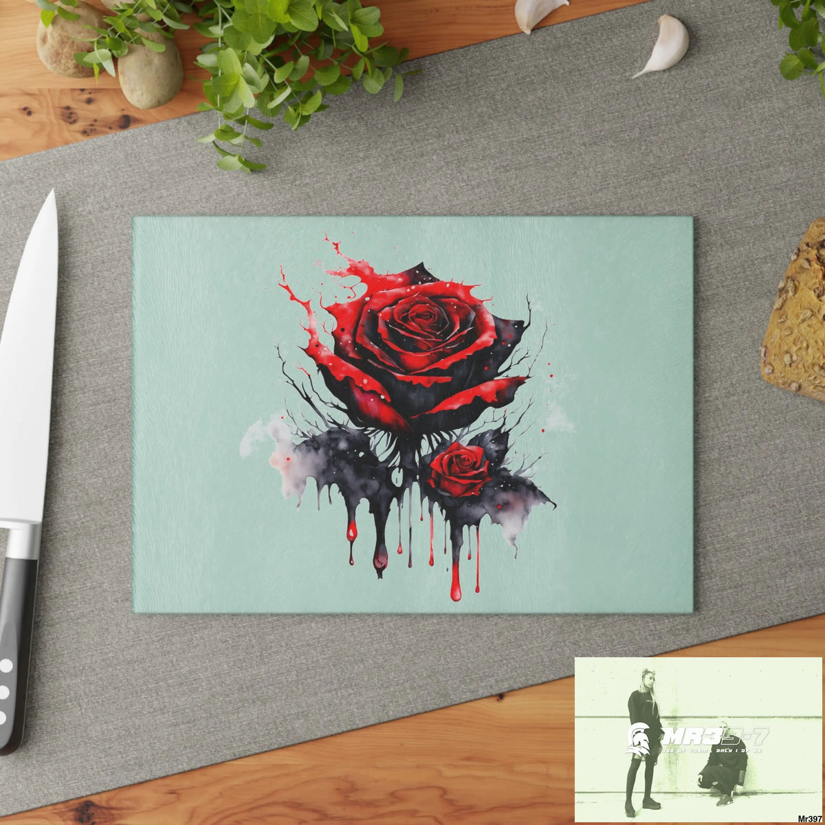 Red Rose with blood drippings on black abstract background Cutting Board Home Decor