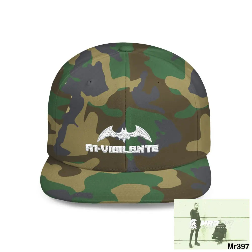Snapback Hat — A1-Vigilante Retro Logo Flat-Bill Cap One size / Green Camo Hats