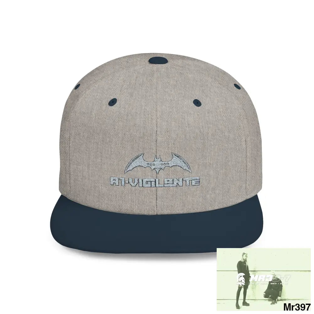 Snapback Hat — A1 Vigilante Retro Logo Flat-Bill Cap One size / Heather Grey/Navy Hats