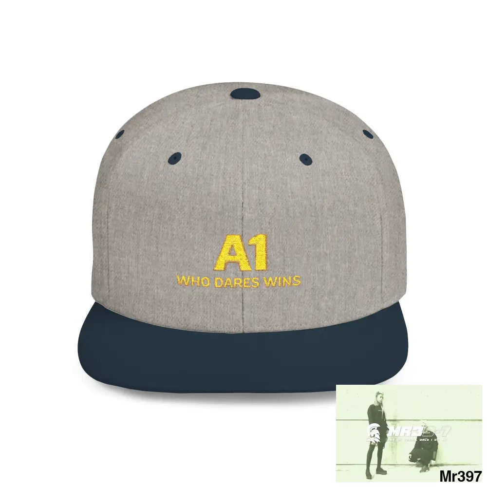 Snapback Hat — A1 Who Dares Wins Retro Logo Flat-Bill Cap One size / Heather Grey/Navy Hats