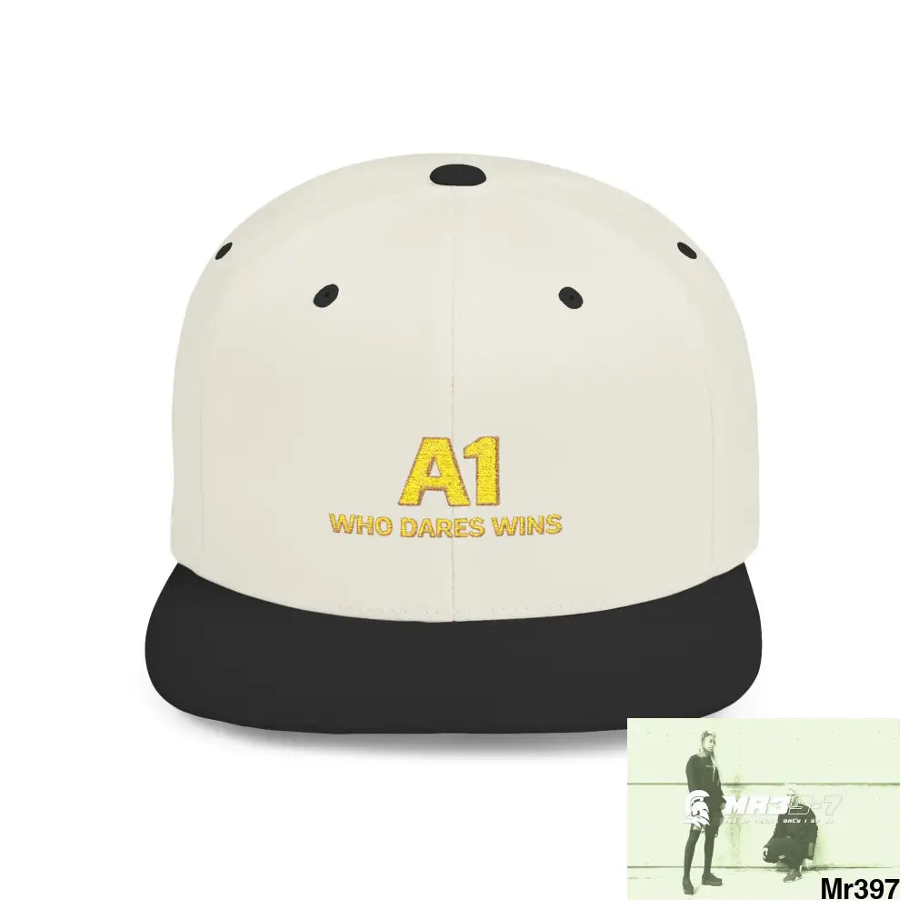 Snapback Hat — A1 Who Dares Wins Retro Logo Flat-Bill Cap One size / Natural/Black Hats