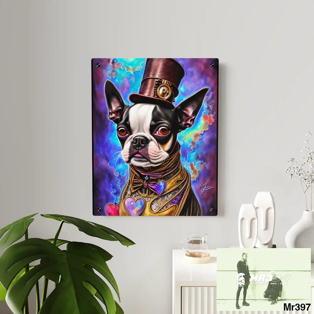 Steampunk Boston Terrier Hearts Tribal Fractal Watercolor Digital Painting Acrylic Wall Art Panels Home Decor